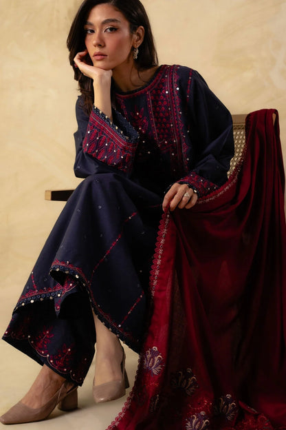 ZARA SHAH JAHAN - 3PC DHANAK EMBROIDERED SHIRT WITH DHANAK EMBROIDERED SHAWL& TROUSER-BIC-3345 B