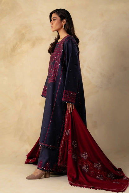 ZARA SHAH JAHAN - 3PC DHANAK EMBROIDERED SHIRT WITH DHANAK EMBROIDERED SHAWL& TROUSER-BIC-3345 B