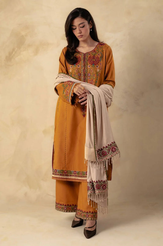 ZARA SHAHJAHAN - 3PC DHANAK EMBROIDERED SHIRT WITH DHANAK EMBROIDERED SHAWL AND TROUSER -BIC-3140