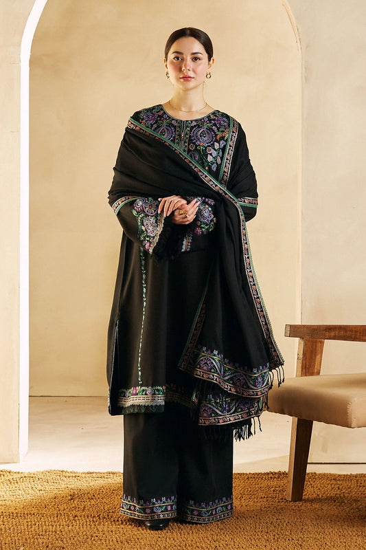 ZARA SHAH JAHAN- 3PC DHANAK EMBROIDERED SHIRT DHANAK EMBROIDERED  SHAWL AND TROUSER-BIC-3140  BLACK