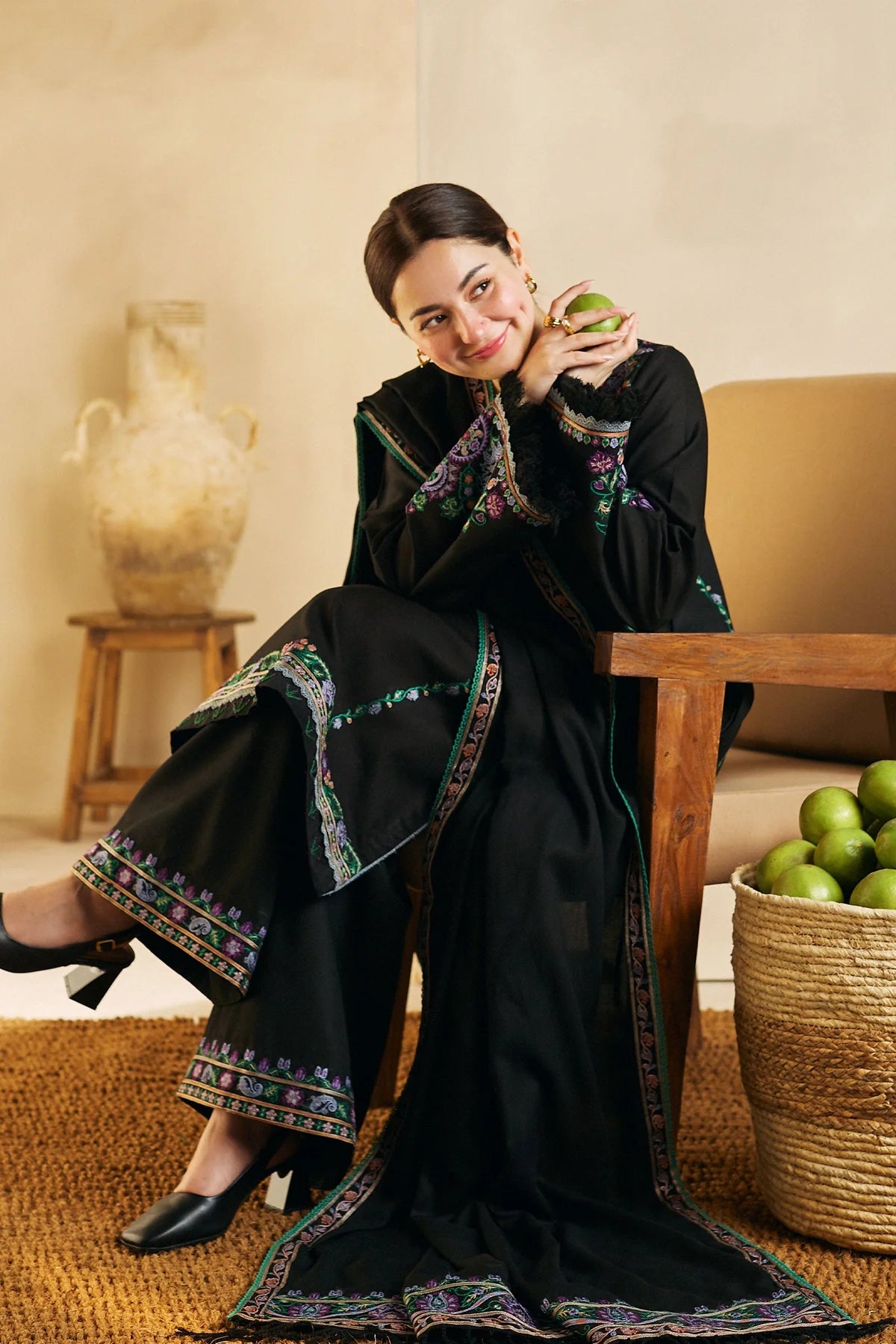 ZARA SHAH JAHAN- 3PC DHANAK EMBROIDERED SHIRT DHANAK EMBROIDERED  SHAWL AND TROUSER-BIC-3140  BLACK