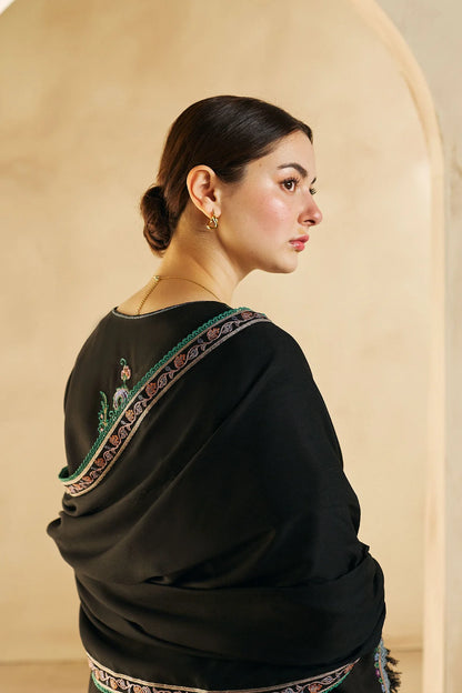 ZARA SHAH JAHAN- 3PC DHANAK EMBROIDERED SHIRT DHANAK EMBROIDERED  SHAWL AND TROUSER-BIC-3140  BLACK