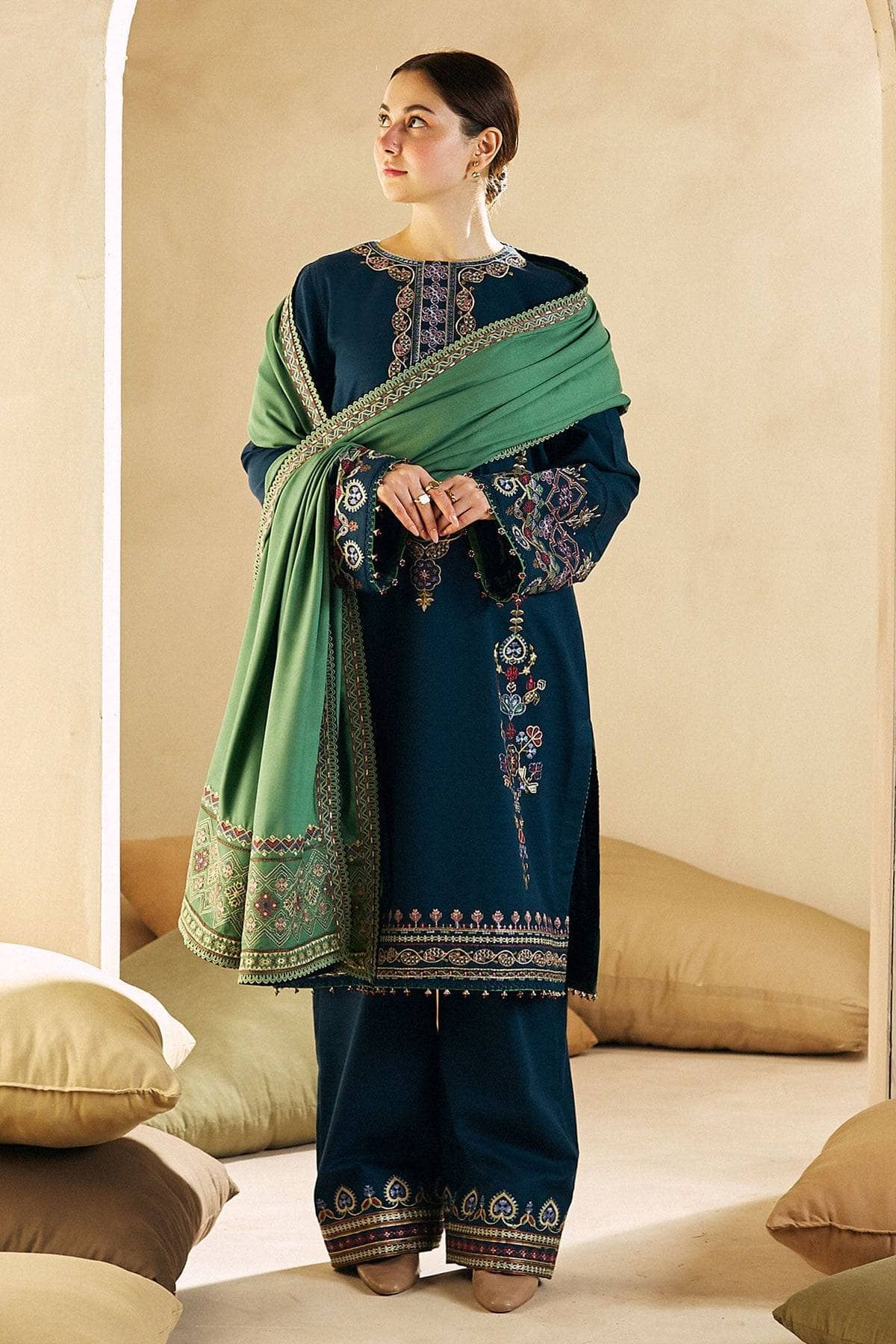 ZARA SHAH JAHAN- 3PC DHANAK EMBROIDERED SHIRT DHANAK EMBROIDERED SHAWL AND TROUSER-BIC-3130