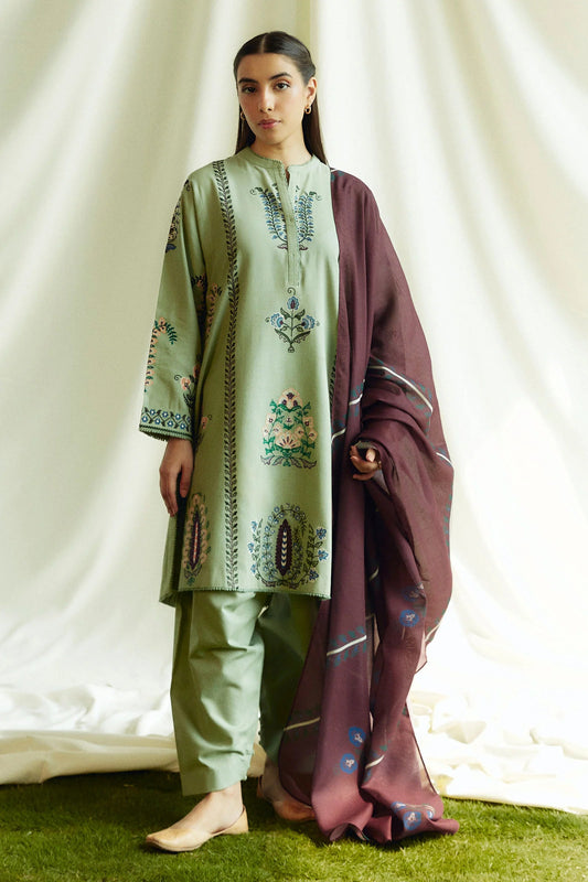 ZARA SHAHJAHAN- 3PC DHANAK EMBROIDERED SHIRT WITH WOOL PRINT SHAWL AND TROUSER-BIC-3337-B