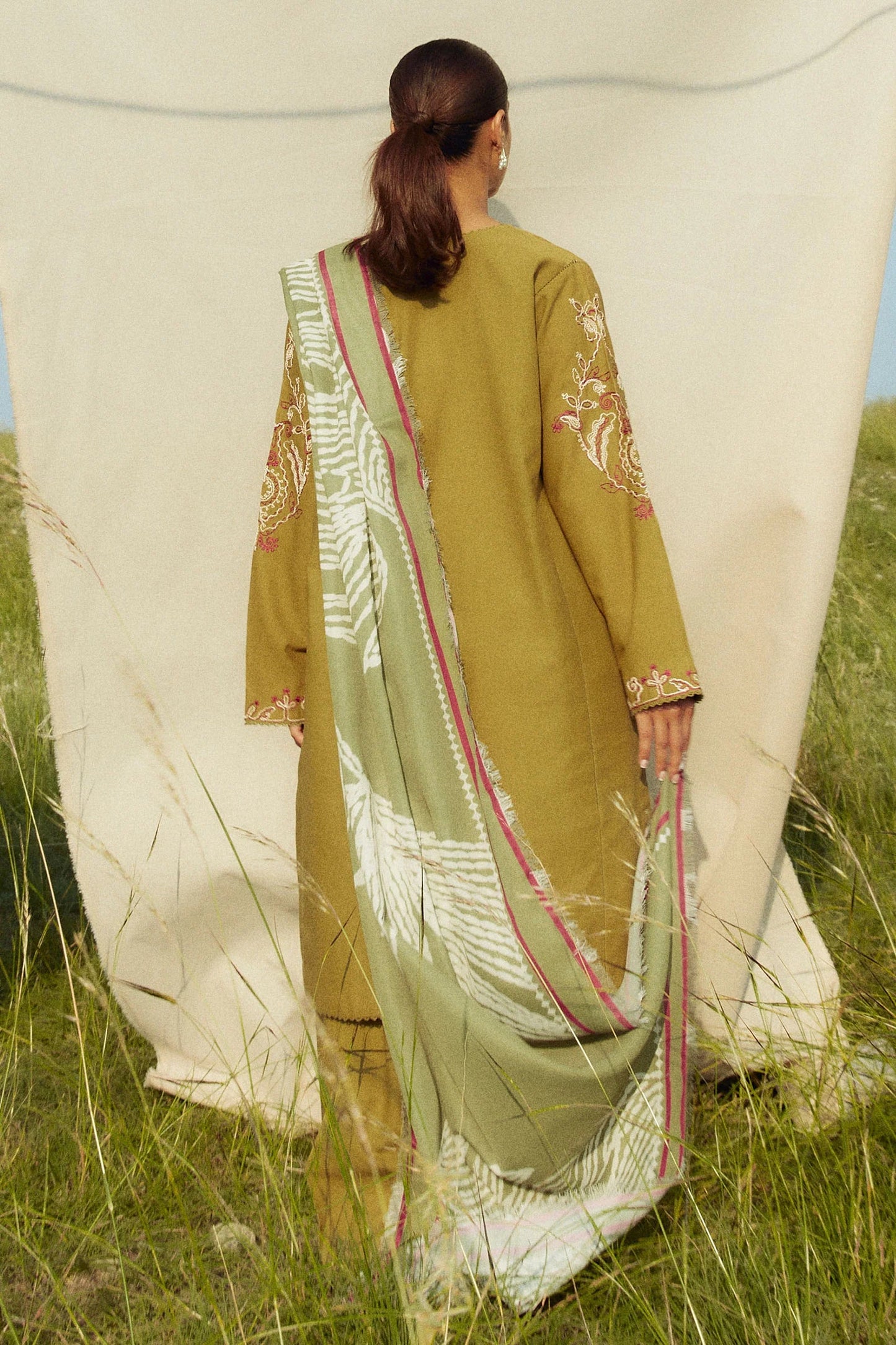 ZARA SHAHJAHAN- 3PC DHANAK EMBROIDERED SHIRT WITH WOOL PRINT SHAWL AND TROUSER-BIC-3336-M