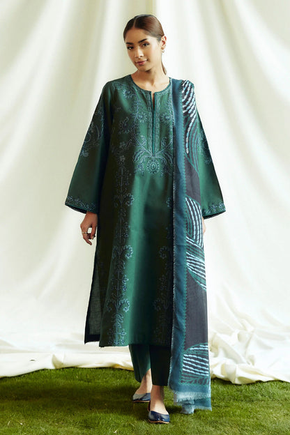 ZARA SHAHJAHAN- 3PC DHANAK EMBROIDERED SHIRT WITH WOOL PRINT SHAWL AND TROUSER-BIC-3336-B