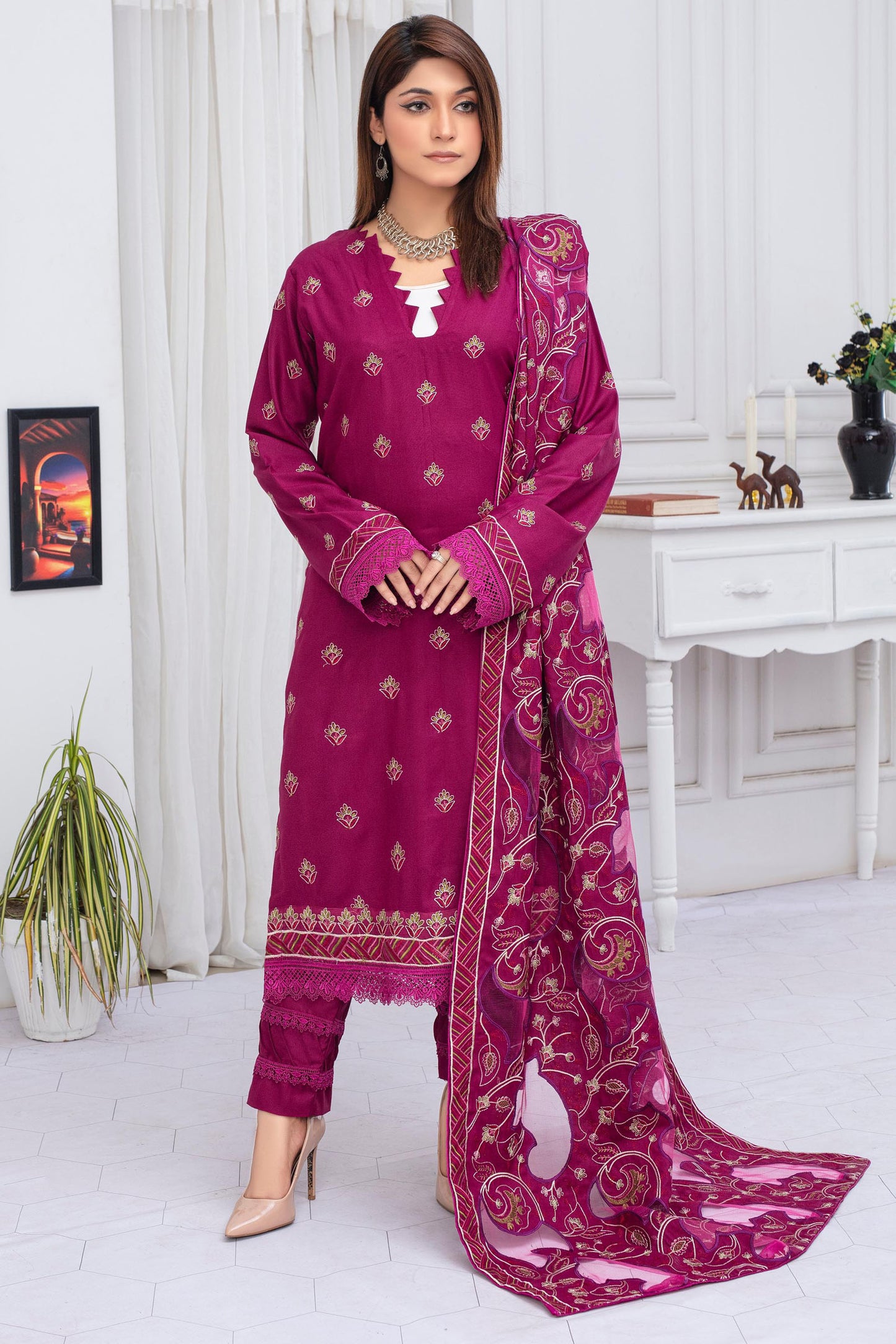 BRANDS INN-3PC DHANAK EMBROIDERED SHIRT WITH HEAVY CUTWORK EMBROIDERED DHANAK SHAWL AND TROUSER-BIC -008