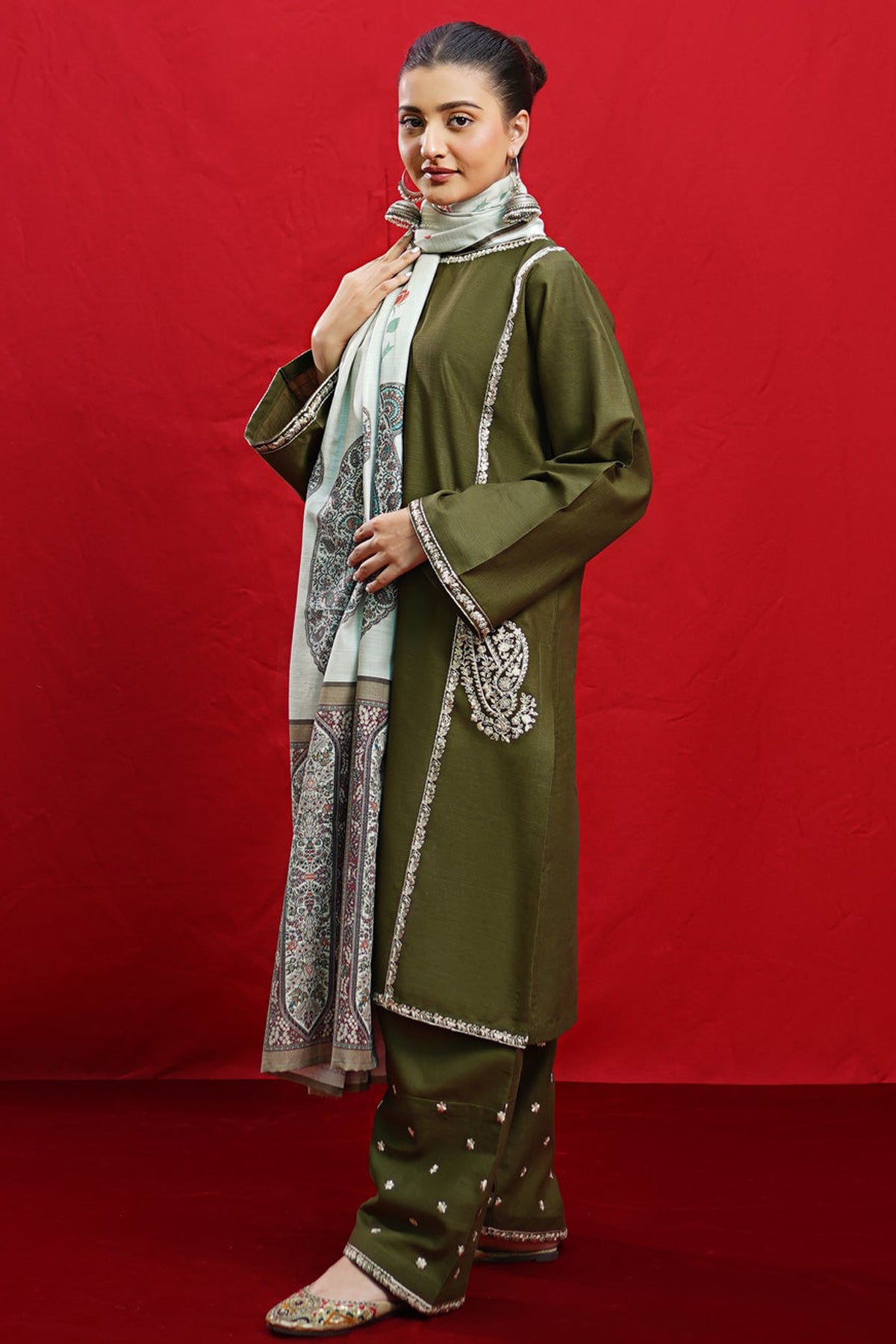 Urge- 3PC Dhanak Embroidered Shirt With  Twil Print Wool Shawl & Trouser-BIC-3361