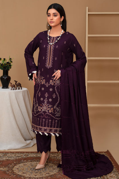 Brands inn-3PC Dhanak Embroidered Shirt with Velvet Dhanak Shawl and Trouser-BIC-PLUM