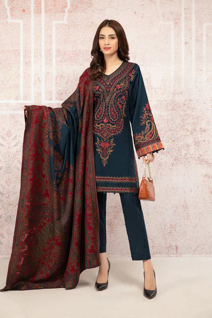 MARIA B-3PC DHANAK EMBROIDRED SHIRT WITH WOOL PRINT SHAWL AND TROUSER-BIC-3268