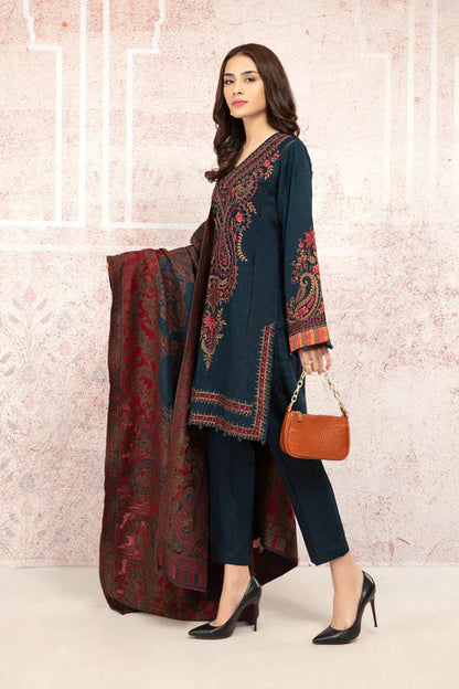 MARIA B-3PC DHANAK EMBROIDRED SHIRT WITH WOOL PRINT SHAWL AND TROUSER-BIC-3268