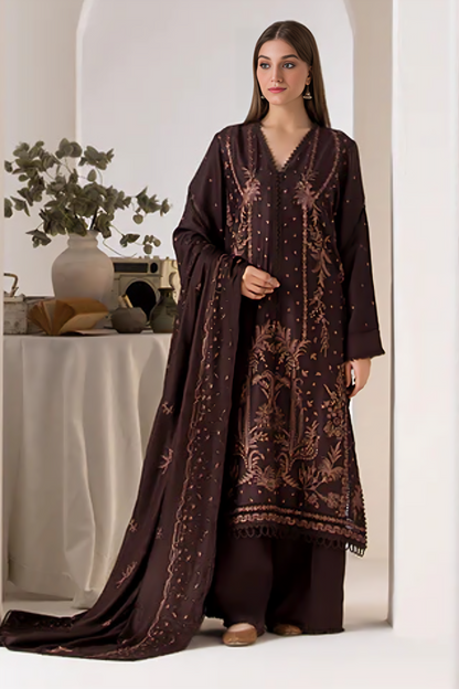 SOBIA NAZIR - 3PC DHANAK EMBROIDERED SHIRT WITH DHANAK EMBROIDERED SHAWL AND TROUSER-BIC-3424