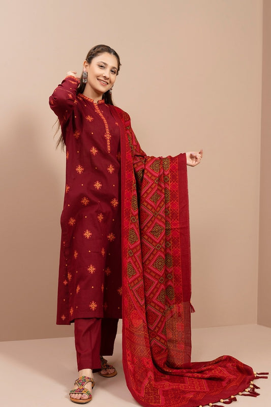 KAYSERIA- 3PC DHANAK EMBROIDERED WITH COUTURE WOOL PRINT SHAWL-BIC-3124