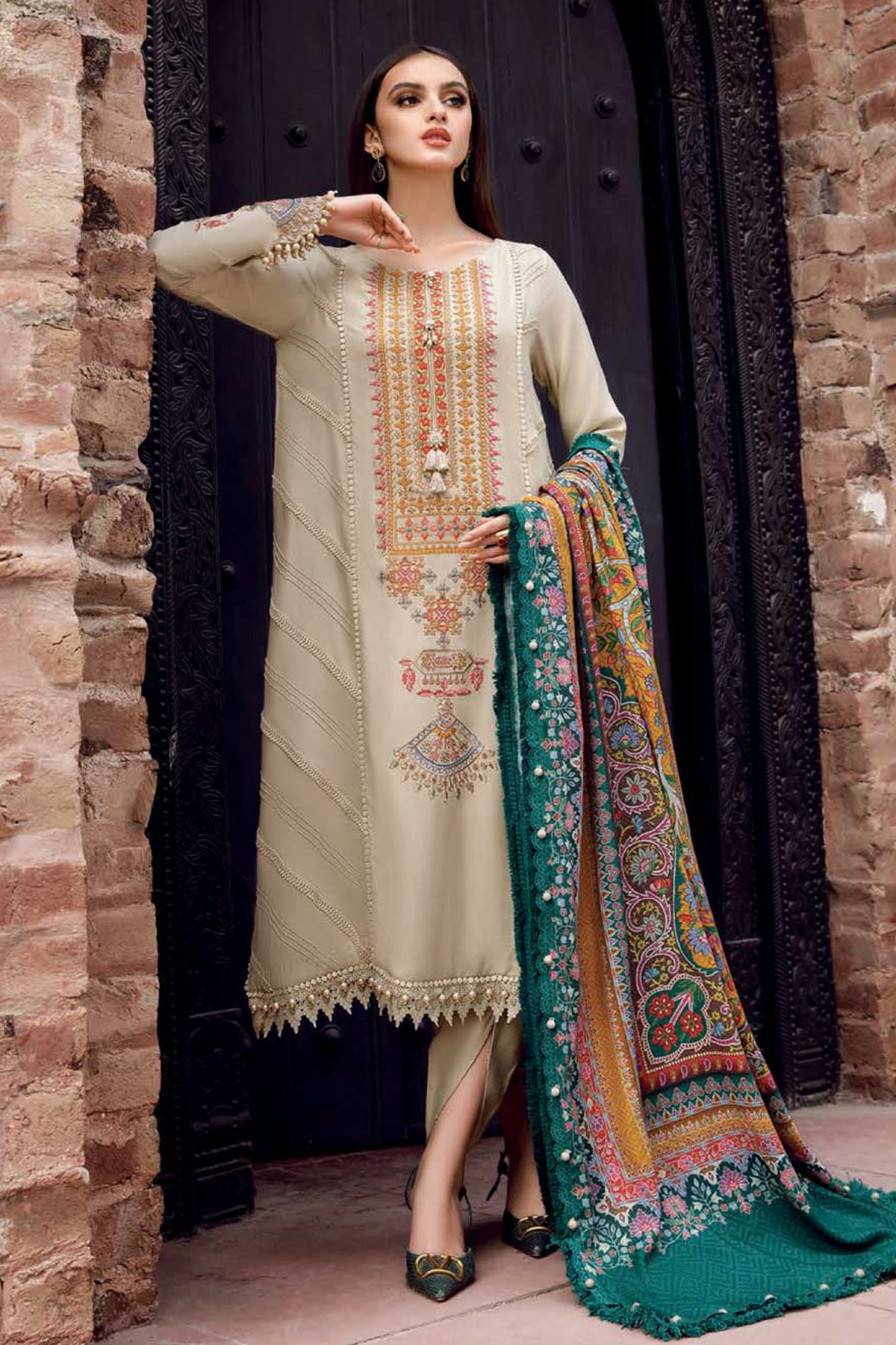 MARIA B - 3PC DHANAK EMBROIDERED SHIRT WITH COUTURE WOOL PRINTED SHAWL AND TROUSER-BIC-3109