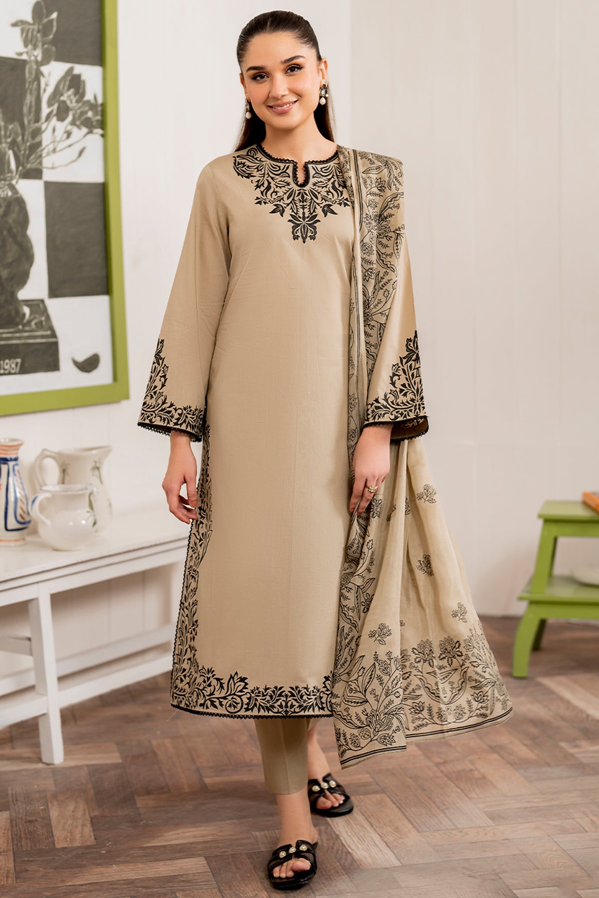 GRANEUT-3PC DHANAK EMBROIDERED SHIRT WITH COUTURE PRINT SHAWL AND TROUSER-BIC- 3155