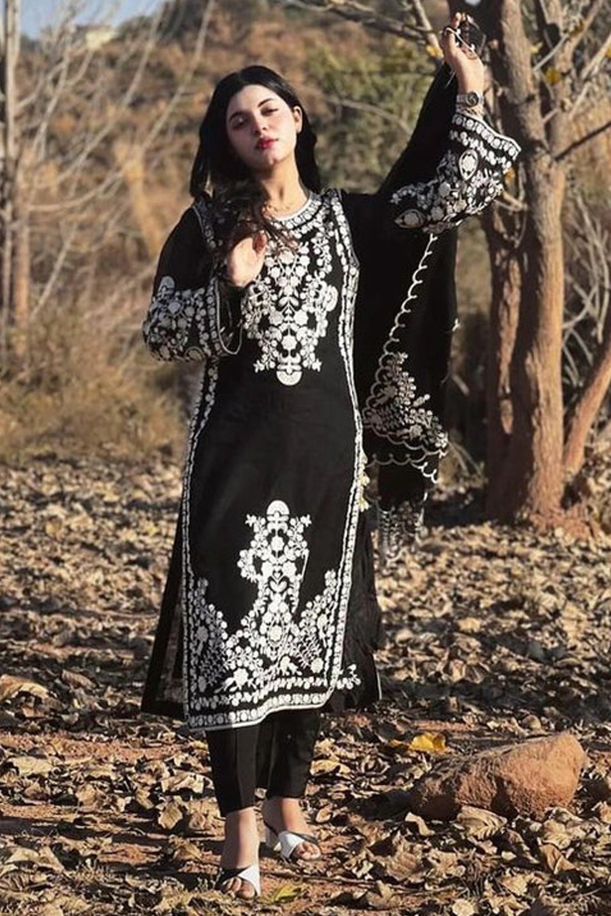 JAZMIN- DHANAK 3PC EMBROIDERED SHIRT WITH DHANAK EMBROIDERED SHAWL WITH TROUSER -BIC-3228-B