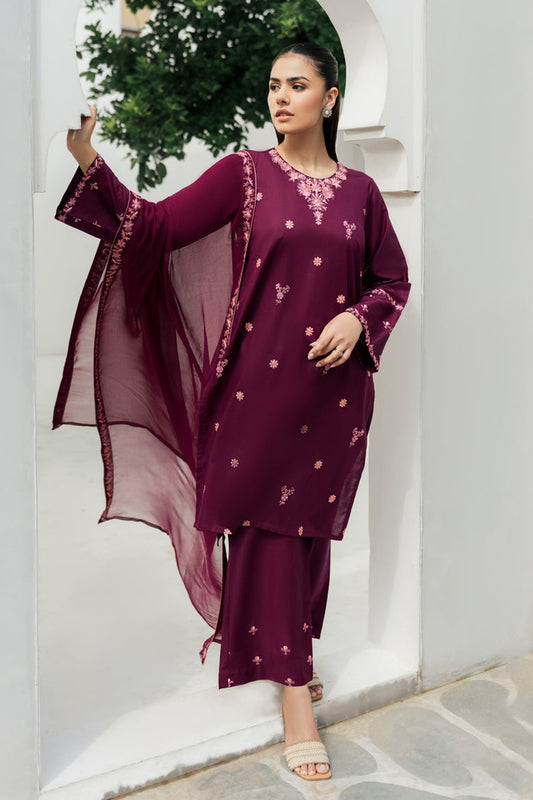 JAZMIN-3PC DHANAK EMBROIDERED SHIRT WITH CHIFFON EMBROIDRED DUPATTA AND TROUSER-BIC-3310