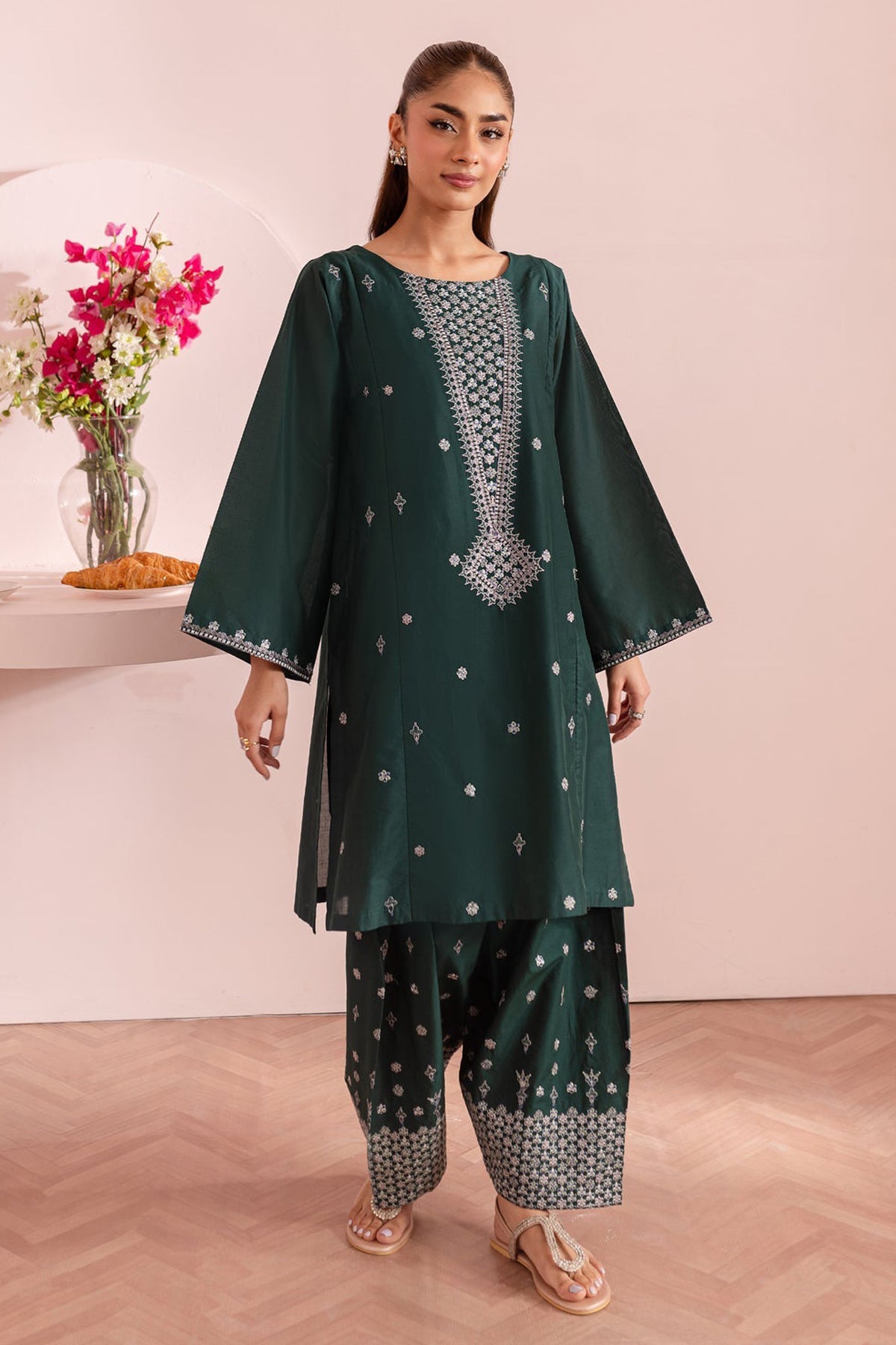 JAZMIN-2 PC DHANAK EMBROIDRED SHIRT WITH AND EMBROIDRED  TROUSER-BIC-3314