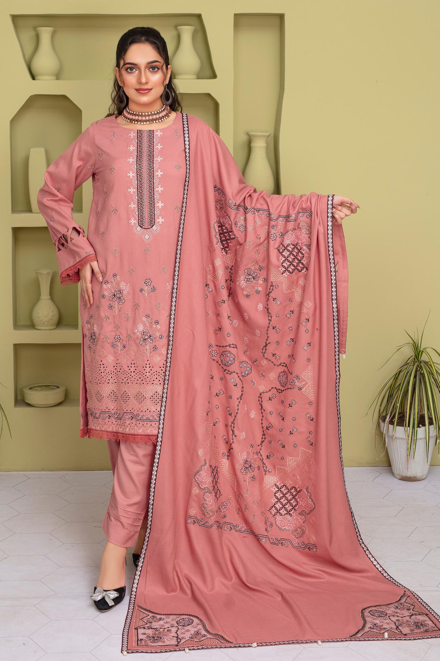 BRANDS INN-3PC DHANAK EMBROIDERED SHIRT WITH HEAVY CUTWORK EMBROIDERED DHANAK SHAWL AND TROUSER-BIC -1507