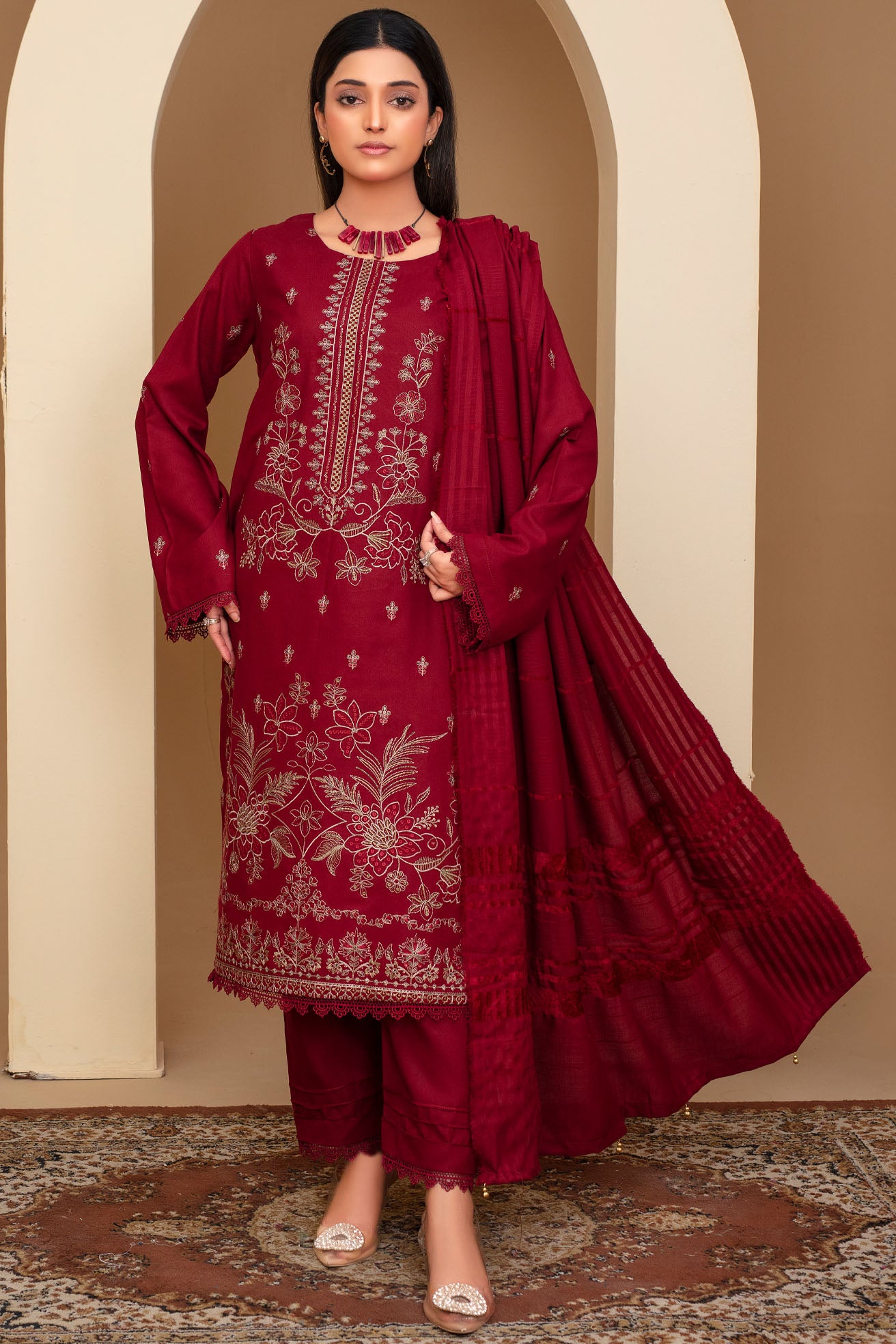 Brands inn-3PC Dhanak Embroidered Shirt with Velvet Dhanak Shawl and Trouser-BIC-2678 M