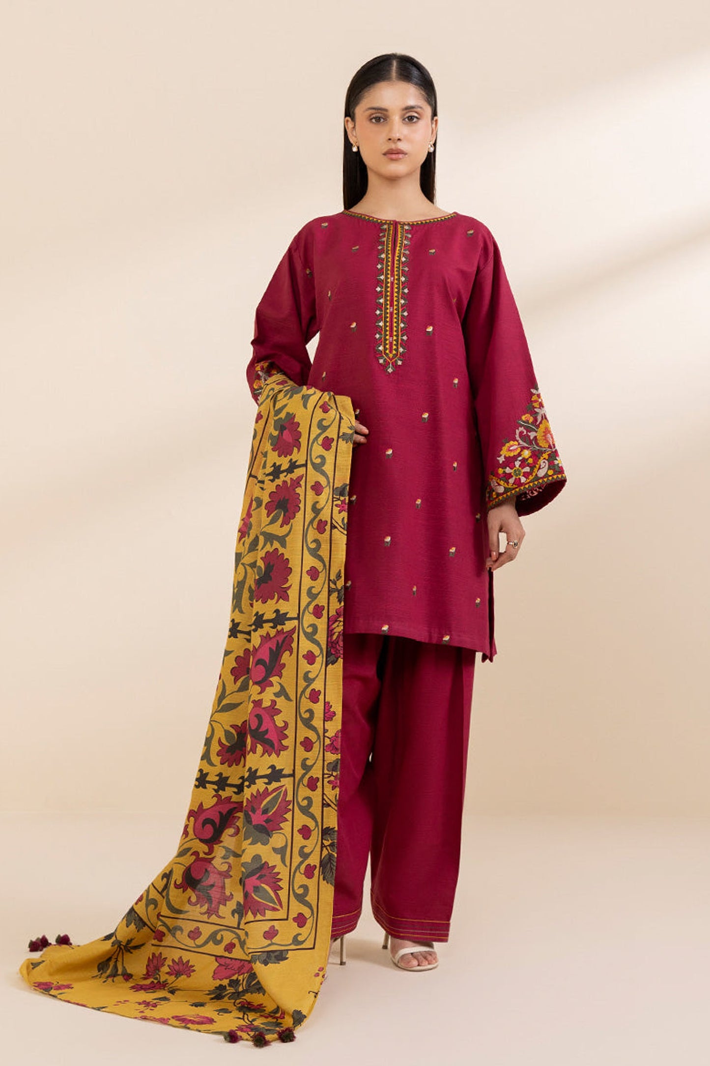 SAPPHIRE- 3PC KHADAR EMBROIDERED SHIRT WITH WOOL PRINT SHAWL AND TROUSER-BIC-3373