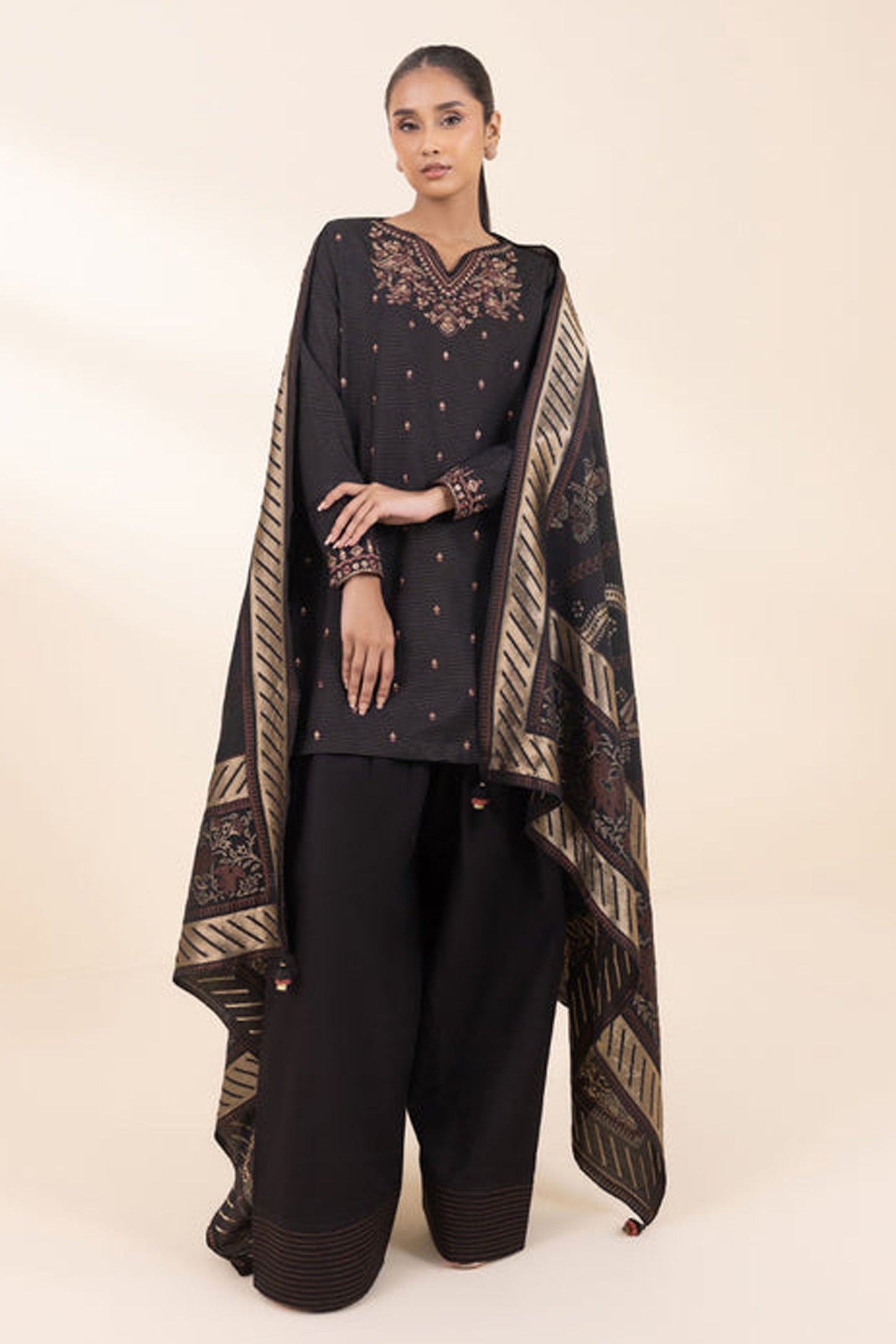 SAPPHIRE- 3PC DHANAK EMBROIDERED SHIRT WITH WOOL PRINT SHAWL AND TROUSER-BIC-3372