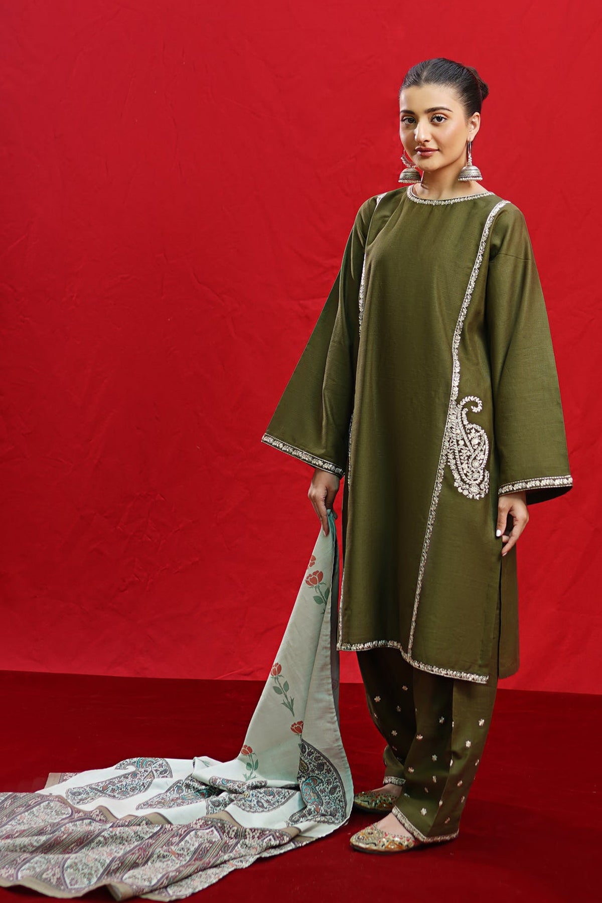 Urge- 3PC Dhanak Embroidered Shirt With  Twil Print Wool Shawl & Trouser-BIC-3361