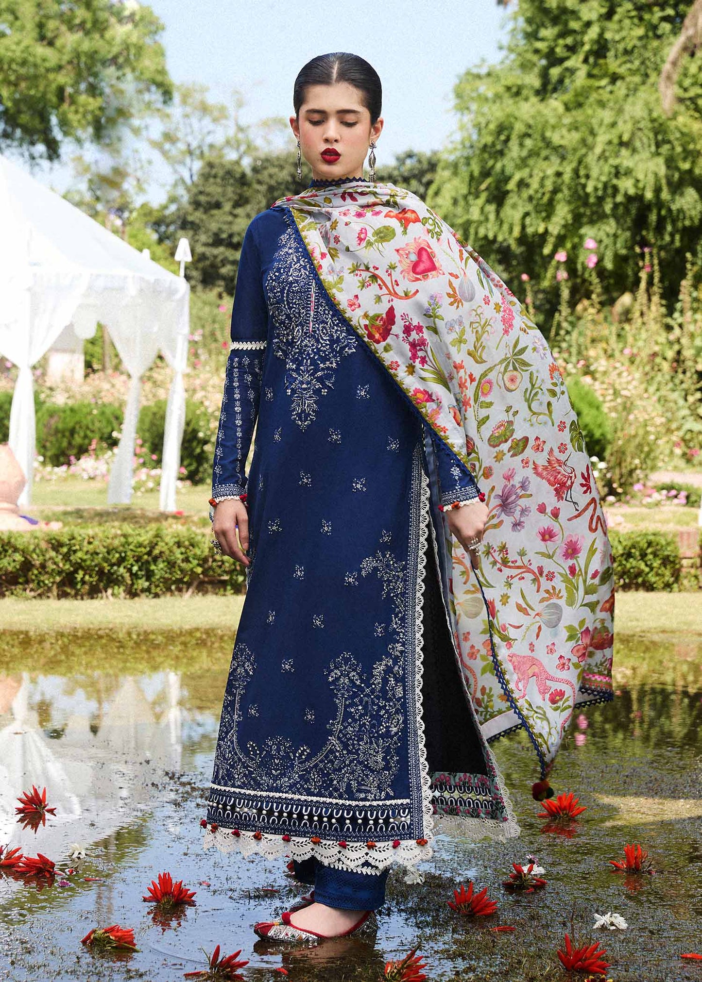 AYAN SAFFANA-3PC VISCOUS EMBROIDRED SHIRT WITH COUTURE PRINT SHAWL AND TROUSER-BIC-3159