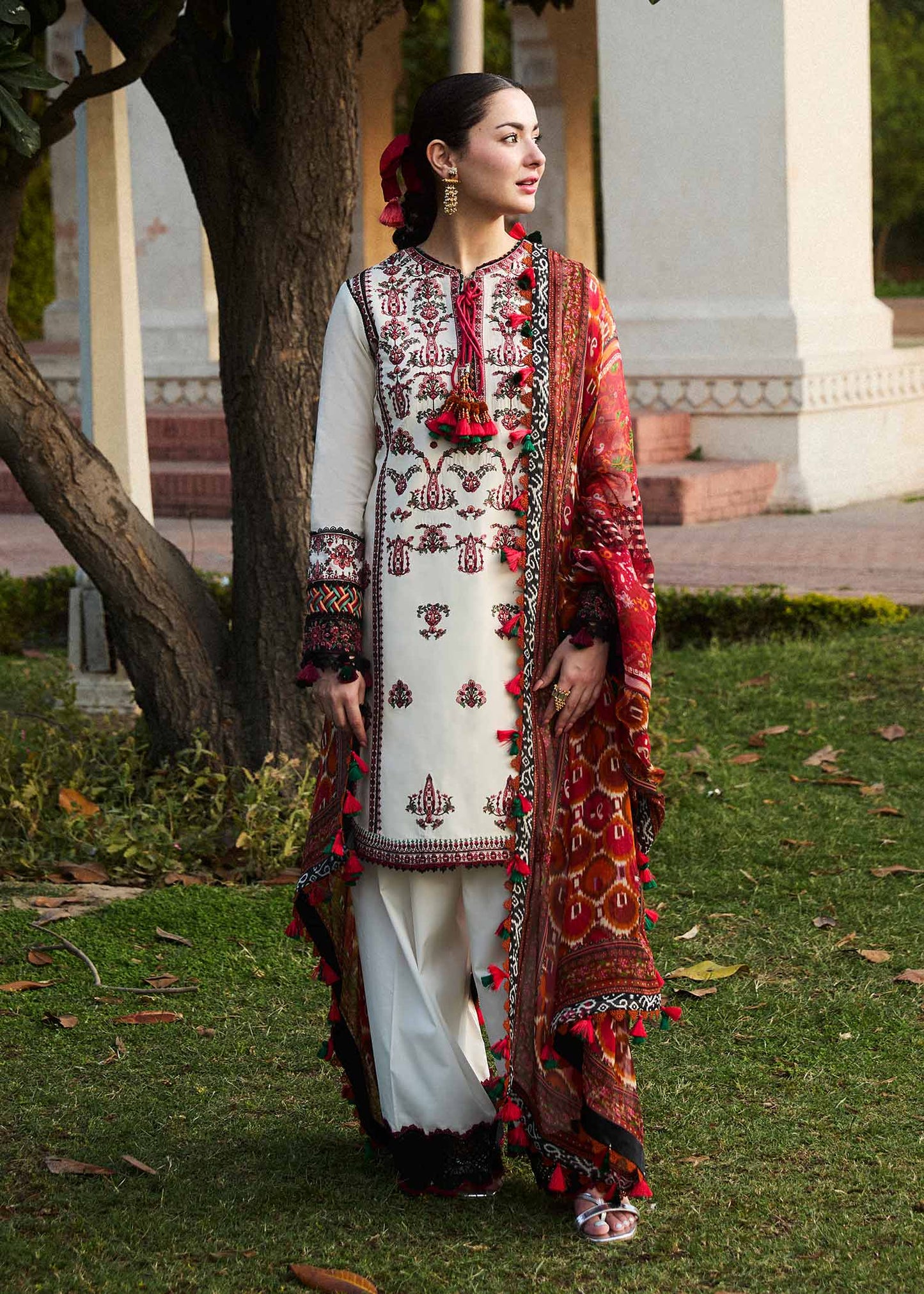 HUSSAIN REHAR- 3PC DHANAK EMBROIDERED SHIRT WITH COUTURE PRINT SHAWL AND TROUSER-BIC- 3160