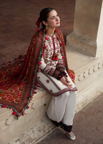 HUSSAIN REHAR- 3PC DHANAK EMBROIDERED SHIRT WITH COUTURE PRINT SHAWL AND TROUSER-BIC- 3160