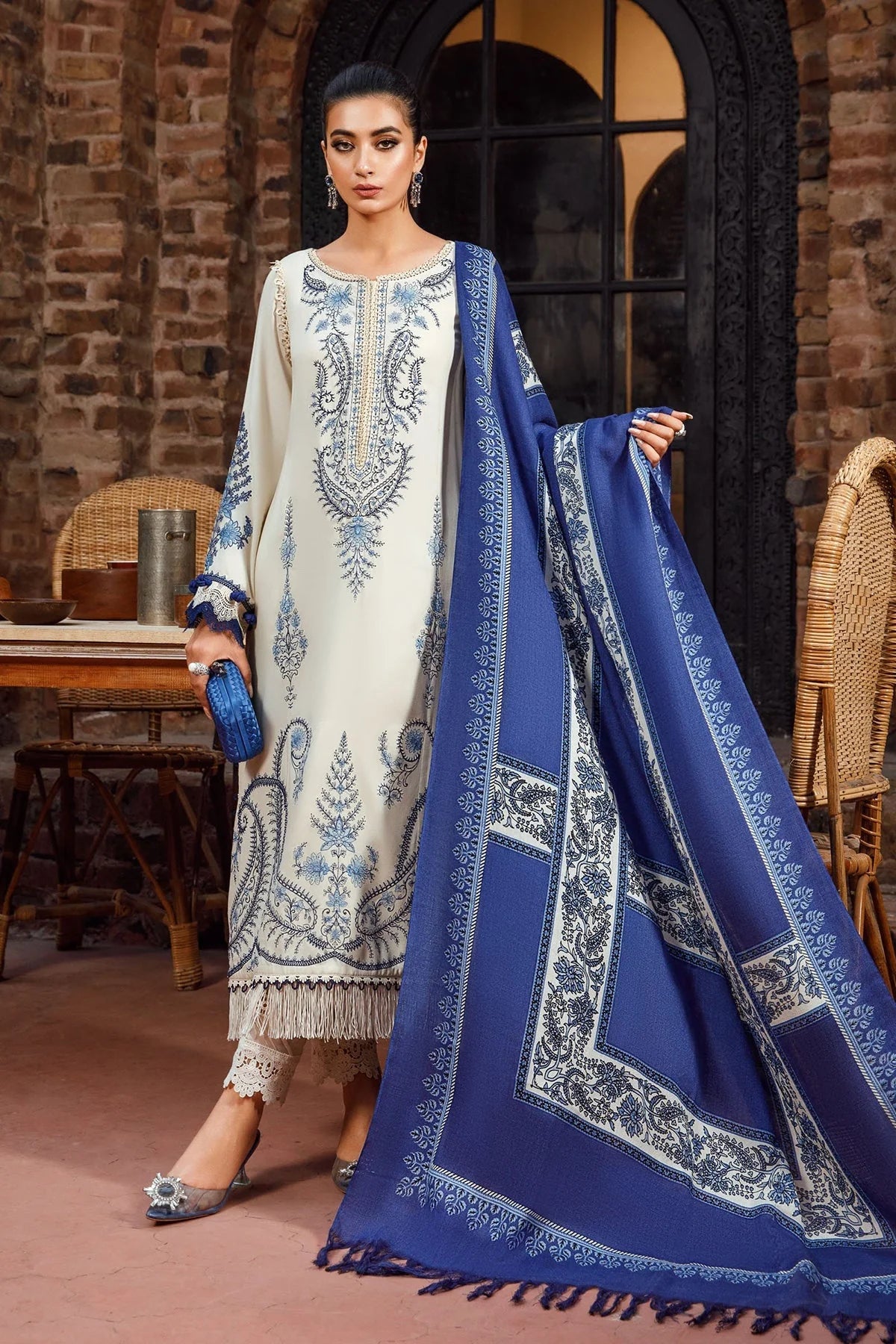 MARIA B -3PC KHADAR  HEAVY EMBROIDERED WITH WOOL PRINT SHAWL -BIC-1084