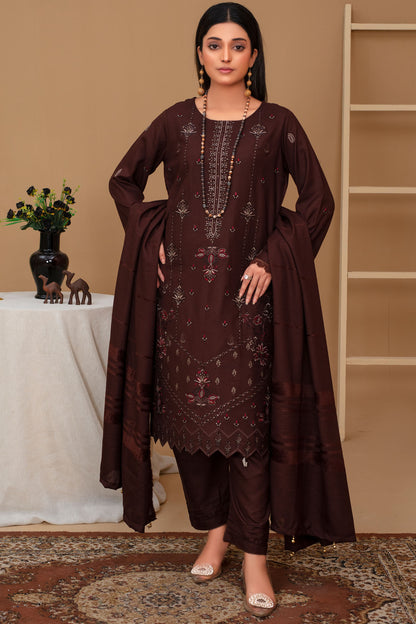 Brands inn-3PC Dhanak Embroidered Shirt with Velvet Dhanak Shawl and Trouser-BIC-BROWN