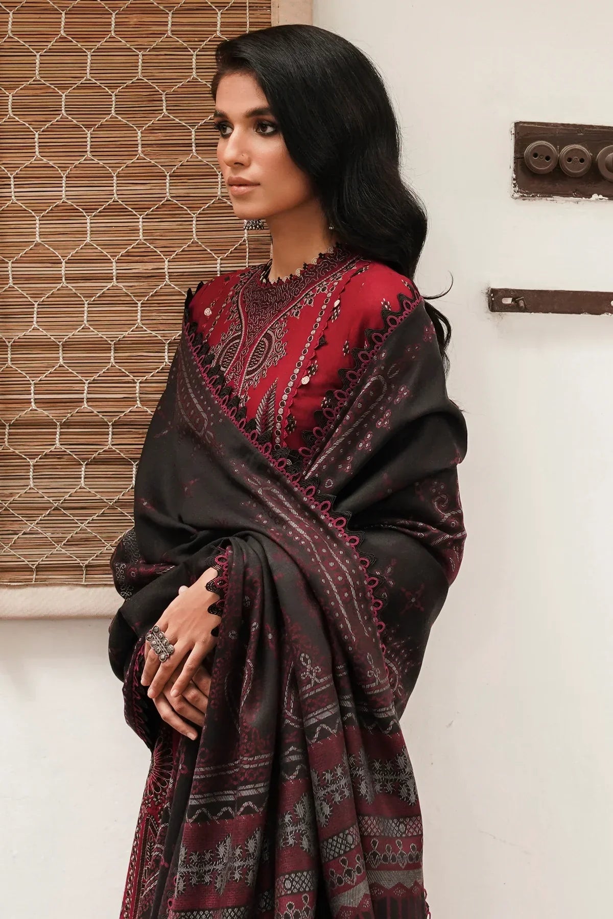 JAZMIN - DHANAK 3PC EMBROIDERED SHIRT WITH COUTURE WOOL PRINT SHAWL - BIC-3149