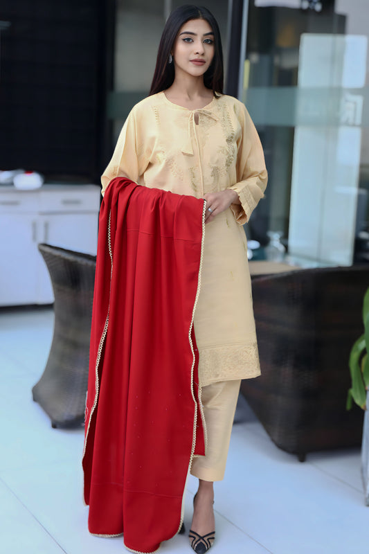 BRANDSINN-3PC KHADAR CUTWORK EMBROIDERED SHIRT WITH I DHANAK EMBROIDERED  WOOL SHAWL-BIC-1512