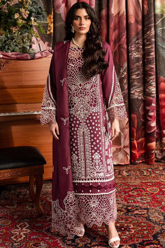 QALAMQAR-3PC CHIKANKAARI LAWN CUTWORK EMBROIDERED SHIRT WITH LAWN EMBROIDERED CUTWORK DUPATTA AND TROUSER-BIC-3642