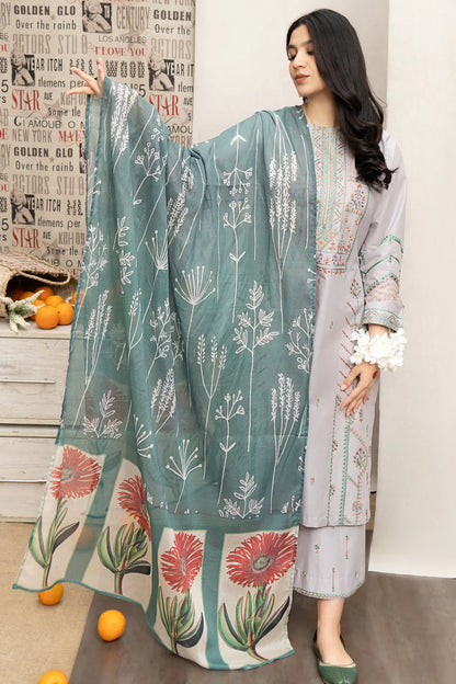 URGE - 3PC DHANAK EMBROIDERED SHIRT WITH  COUTUTRE PRINTED SHAWL & EMB TROUSER-BIC-3295