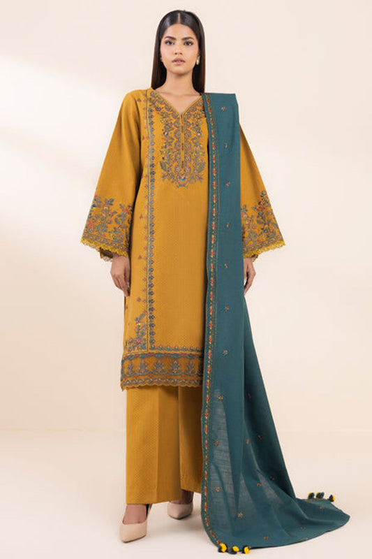 SAPPHIRE- 3PC DHANAK EMBROIDERED SHIRT WITH DHANAK EMBROIDERED SHAWL AND TROUSER-BIC-3374