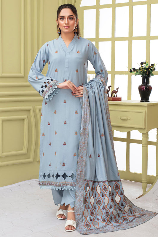 BRANDS INN-3PC DHANAK EMBROIDERED SHIRT WITH HEAVY CUTWORK EMBROIDERED DHANAK SHAWL AND TROUSER-BIC -1506