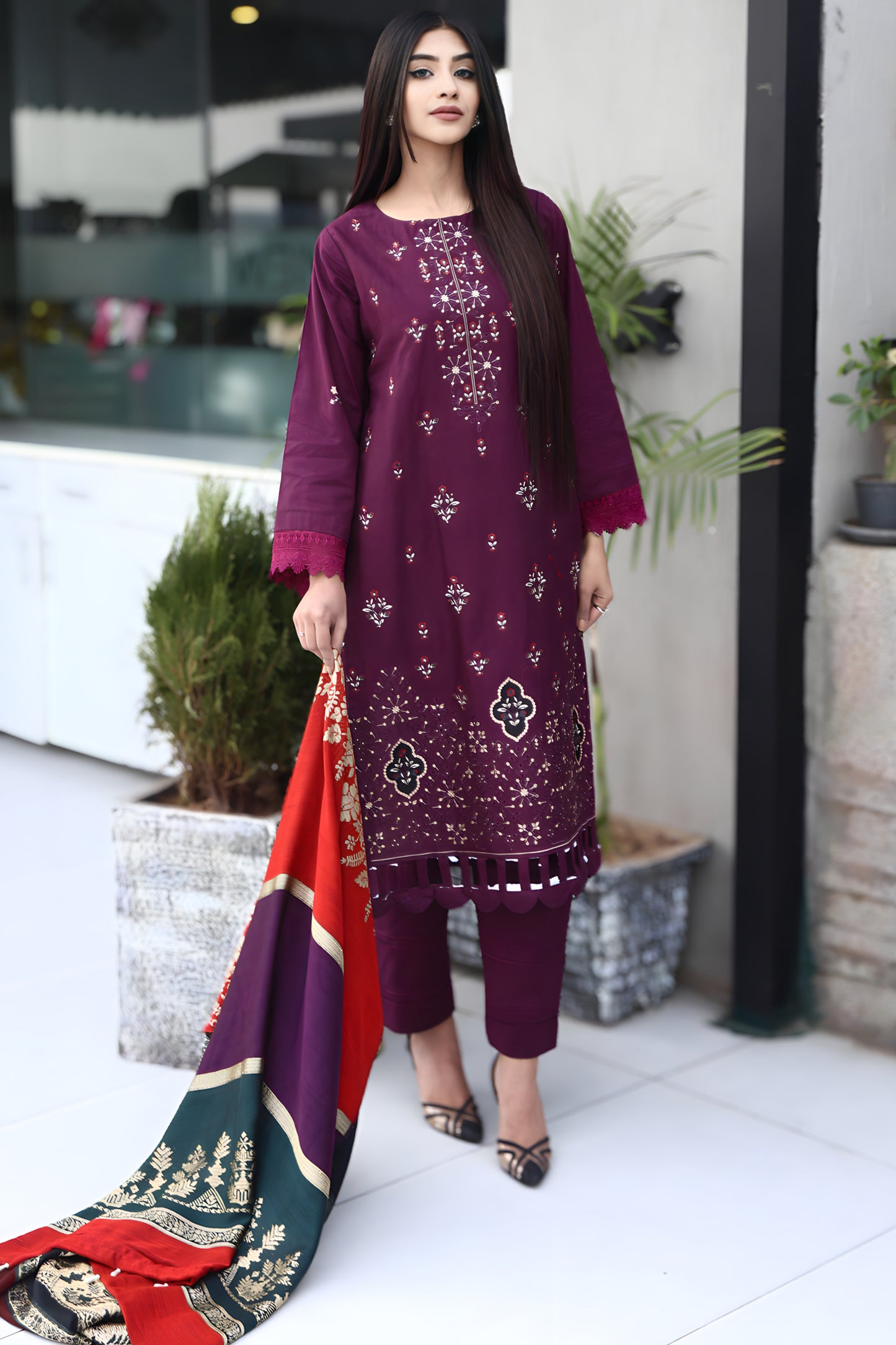 BRANDSINN-3PC KHADDAR CUTWORK EMBROIDERED SHIRT WITH KASHMIRI JACQUARD WOOL SHAWL-BIC-1515